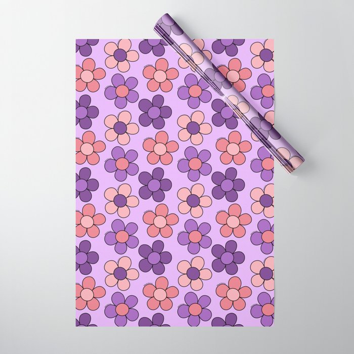 Groovy Flowers Print in Purple Wrapping Paper Gallery Image 1