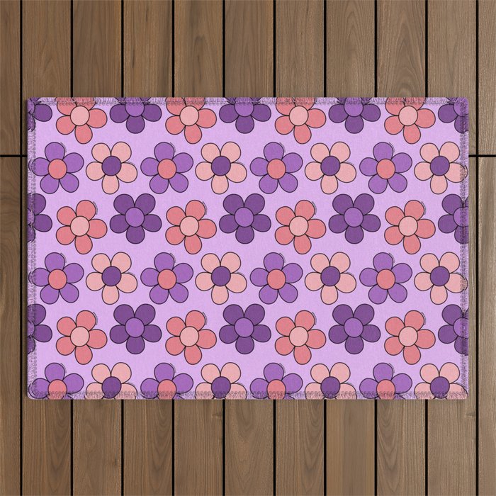 Groovy Flowers Print in Purple Outdoor Rug Gallery Image 1