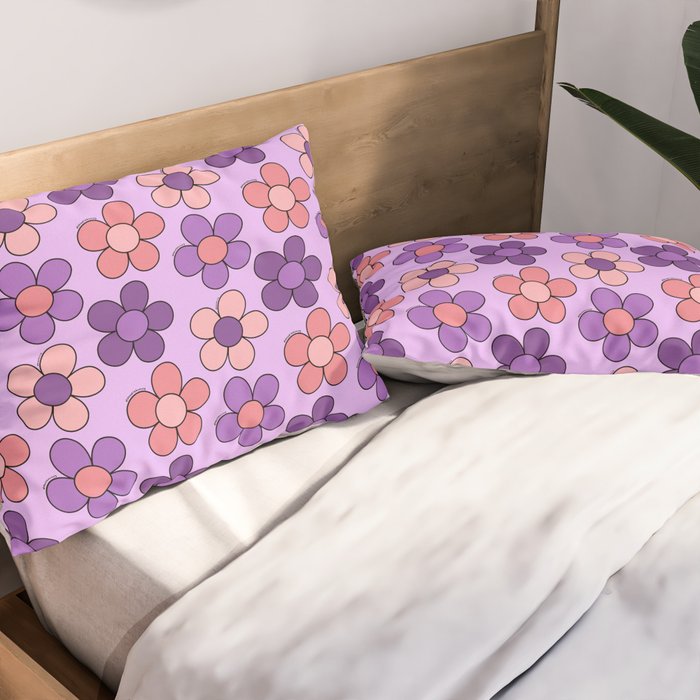 Groovy Flowers Print in Purple Pillow Sham Gallery Image 2