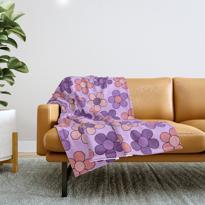 Groovy Flowers Print in Purple Throw Blanket Gallery Image 1