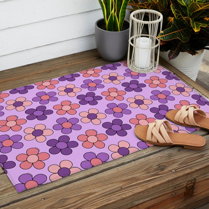 Groovy Flowers Print in Purple Outdoor Rug Gallery Image 2
