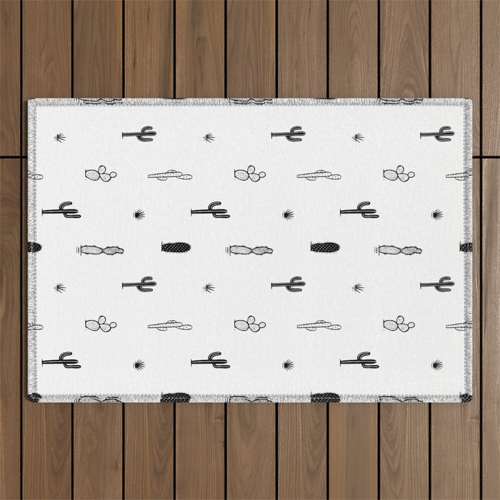 Black and white cactus plant pattern art Outdoor Rug Gallery Image 1