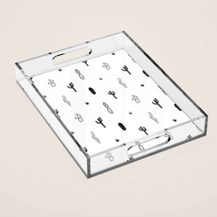 Black and white cactus plant pattern art Acrylic Tray Gallery Image 1