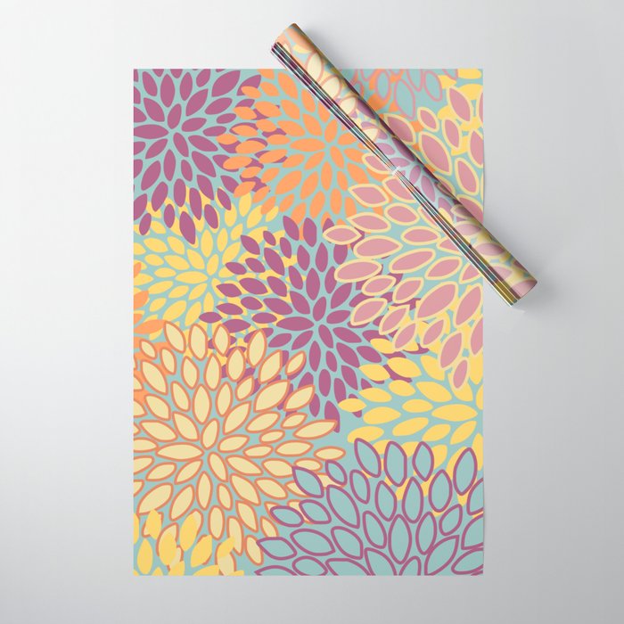 Festive, Floral Prints, Orange, Yellow, Teal and Pink Wrapping Paper Gallery Image 1
