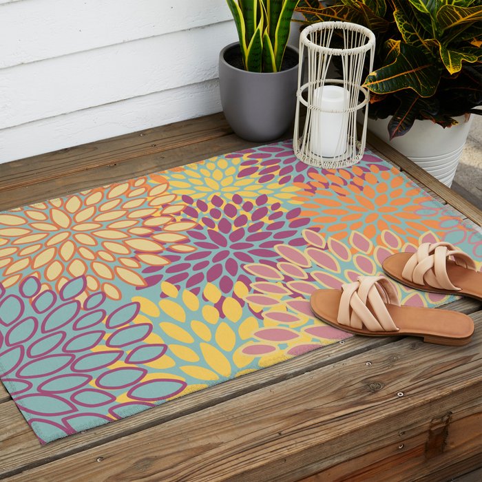 Festive, Floral Prints, Orange, Yellow, Teal and Pink Outdoor Rug Gallery Image 2