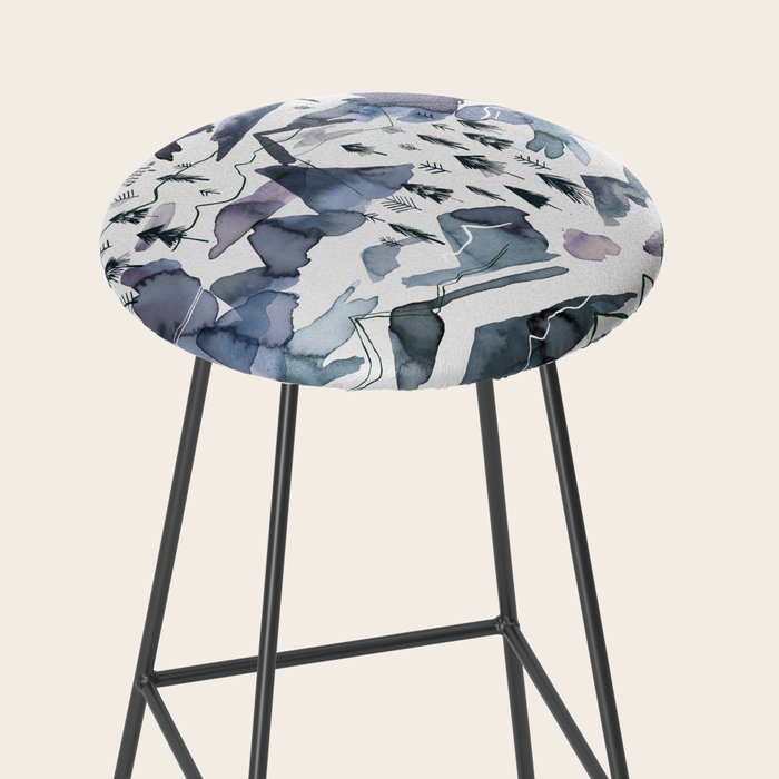 Mountains Watercolor Nature Trees Ski Snow Blue Indigo Stool Gallery Image 2
