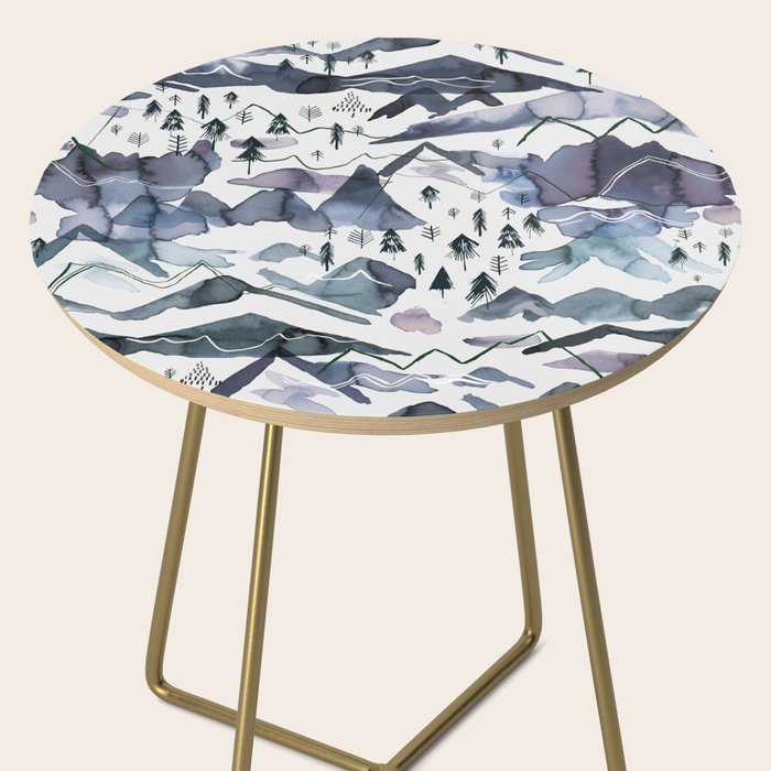 Mountains Watercolor Nature Trees Ski Snow Blue Indigo Side Table Gallery Image 2