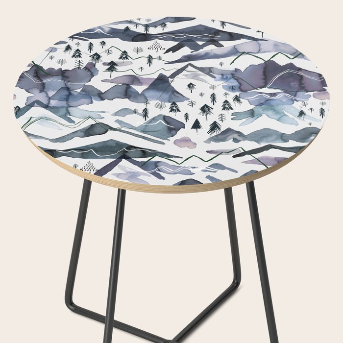 Mountains Watercolor Nature Trees Ski Snow Blue Indigo Side Table Gallery Image 2
