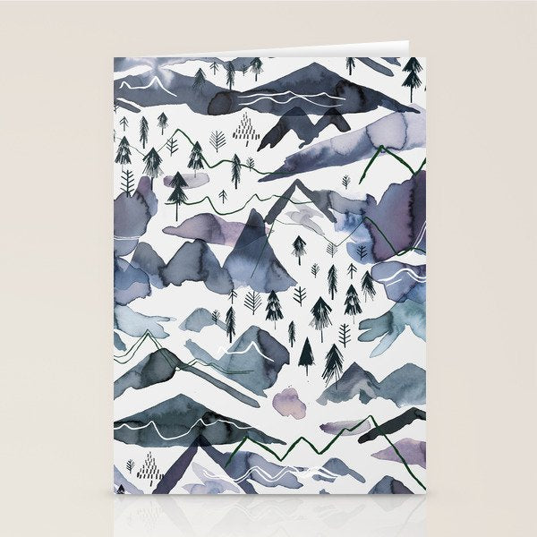 Mountains Watercolor Nature Trees Ski Snow Blue Indigo Stationery Card Gallery Image 1