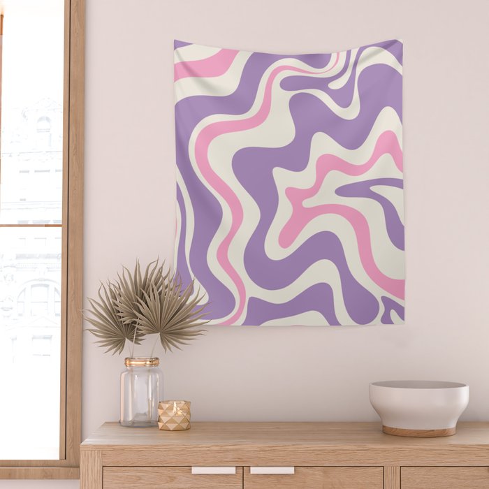 Retro Liquid Swirl Abstract Pattern Purple Pink Cream Wall Tapestry Gallery Image 2