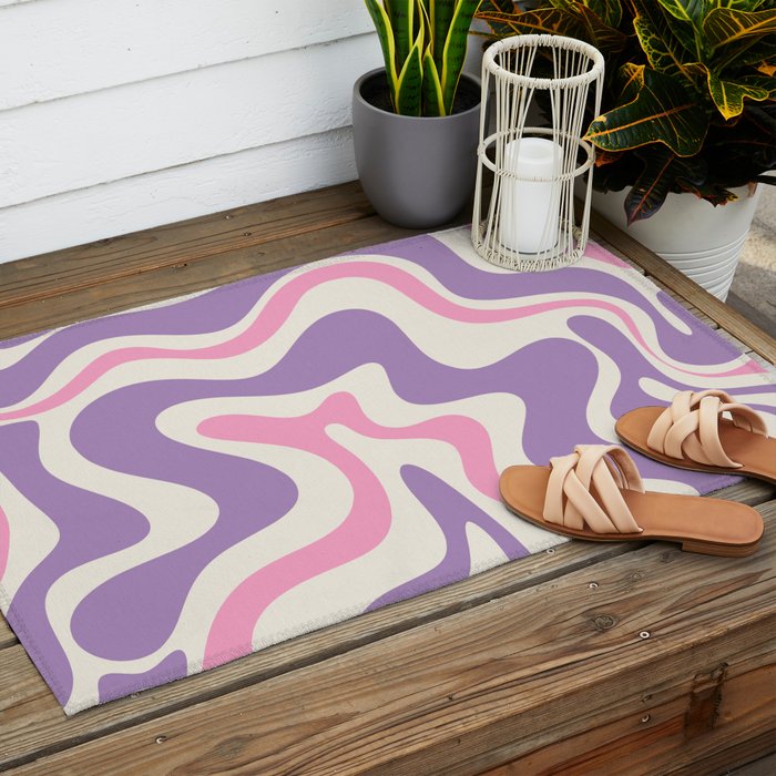 Retro Liquid Swirl Abstract Pattern Purple Pink Cream Outdoor Rug Gallery Image 2