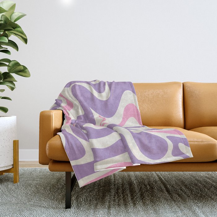 Retro Liquid Swirl Abstract Pattern Purple Pink Cream Throw Blanket Gallery Image 1