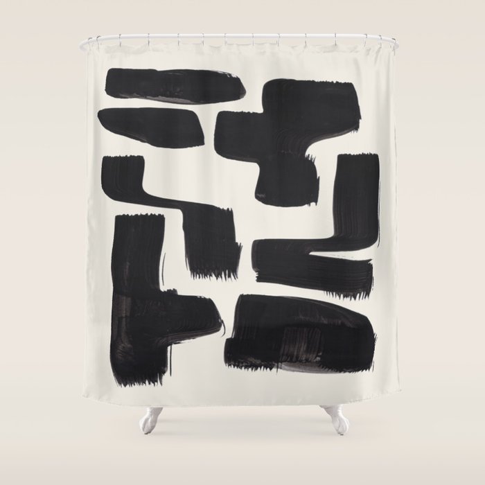 Mid Century Modern Minimalist Abstract Art Brush Strokes Black & White Ink Art Shapes Shower Curtain Gallery Image 1