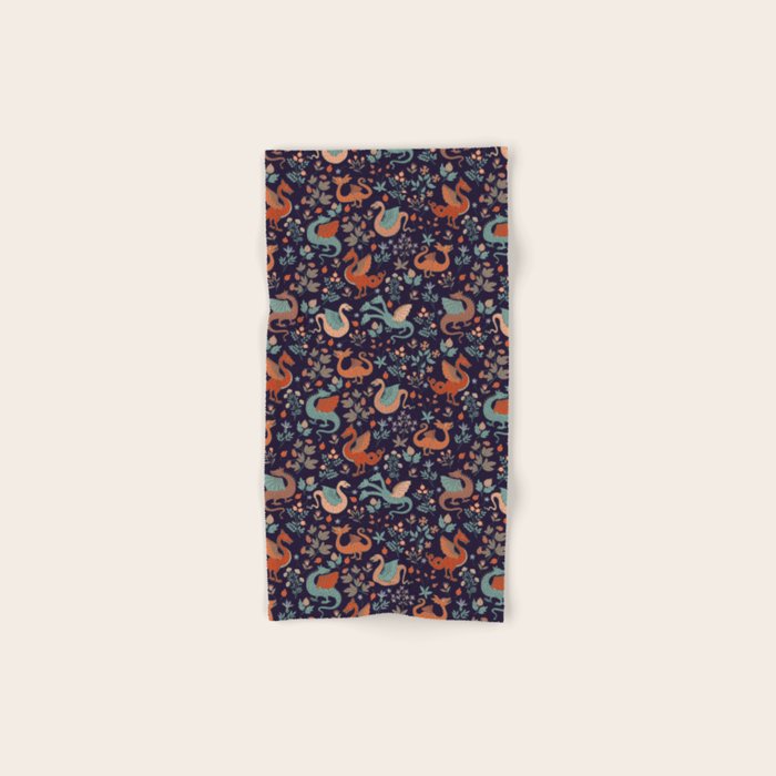 Dragons and Flowers Dark Purple Bath Towel Gallery Image 1