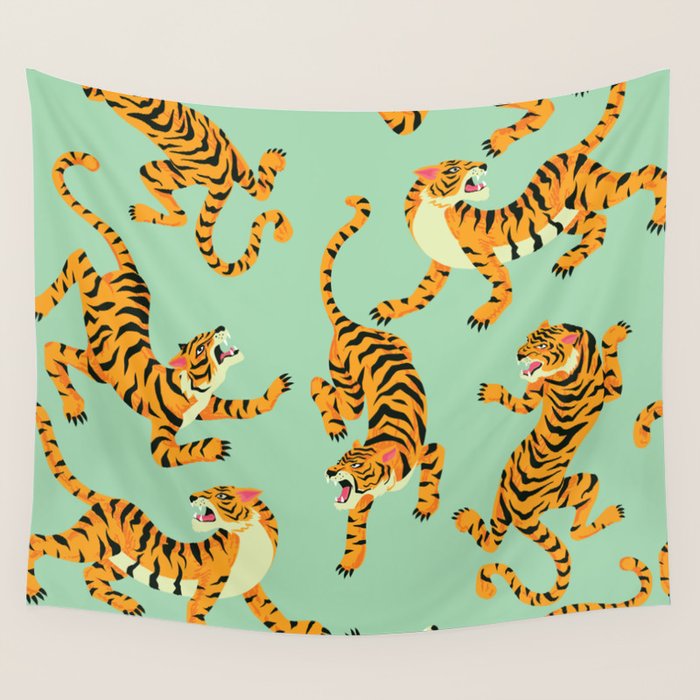 Mint Green Roaring Tiger Pattern Wall Tapestry Gallery Image 4