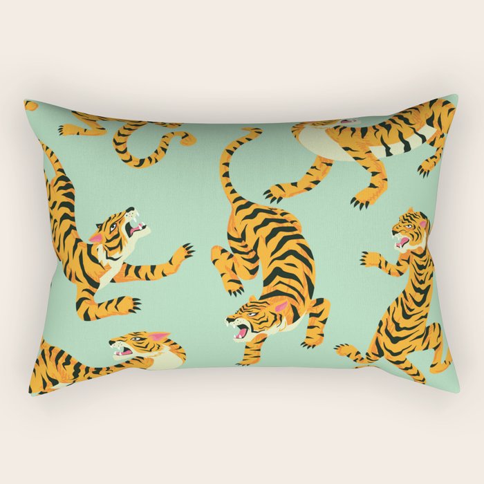 Mint Green Roaring Tiger Pattern Rectangular Pillow Gallery Image 2