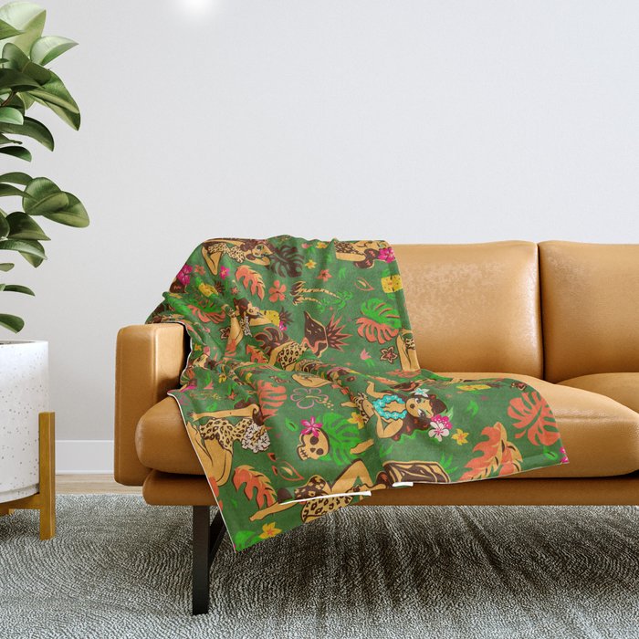 Tiki Temptress on Green Throw Blanket Gallery Image 1