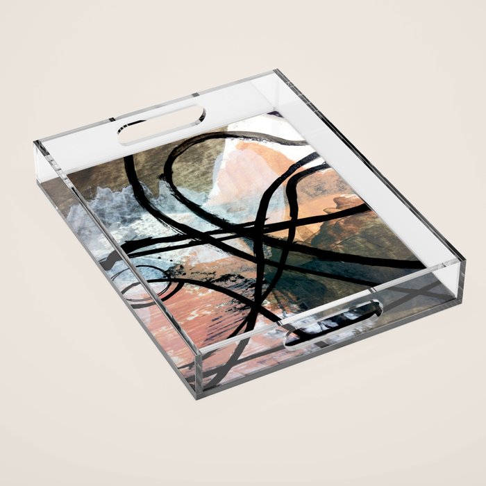 It comes and goes [2] - a black and white abstract mixed media piece with pink details Acrylic Tray Gallery Image 1