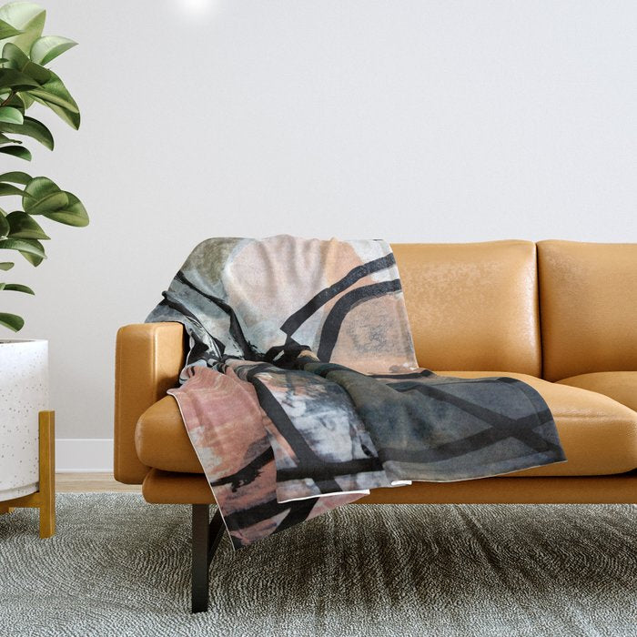 It comes and goes [2] - a black and white abstract mixed media piece with pink details Throw Blanket Gallery Image 1