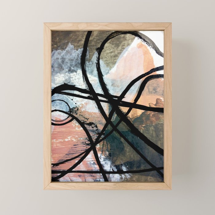 It comes and goes [2] - a black and white abstract mixed media piece with pink details Mini Art Print Gallery Image 1