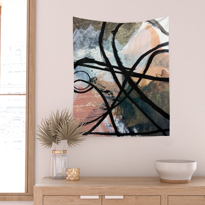 It comes and goes [2] - a black and white abstract mixed media piece with pink details Wall Tapestry Gallery Image 2