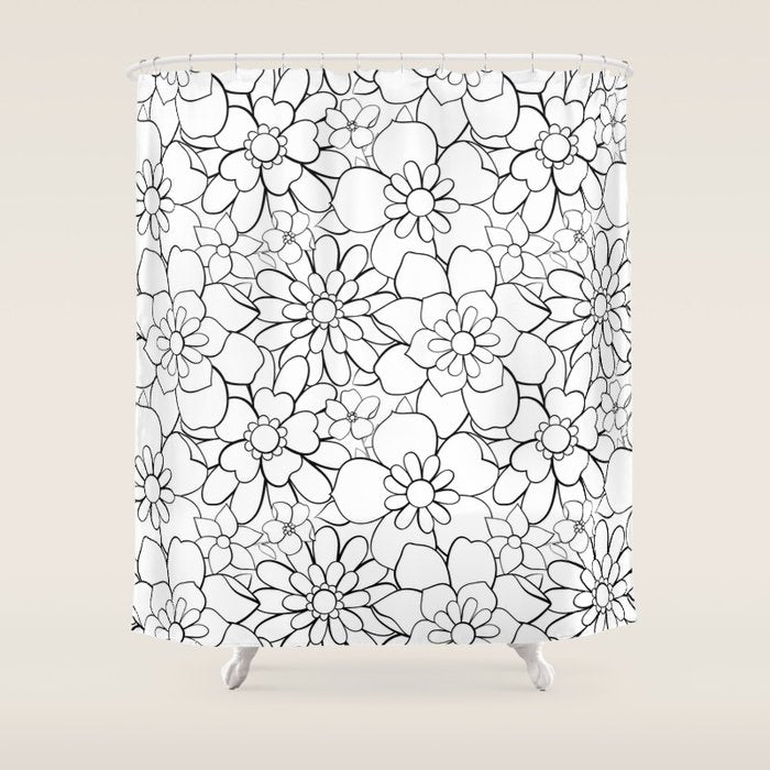 Black and white hand drawn flower art pattern Shower Curtain Gallery Image 1