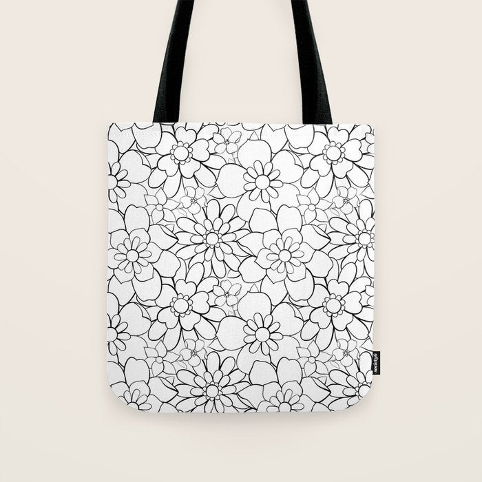 Black and white hand drawn flower art pattern Tote Bag Gallery Image 1