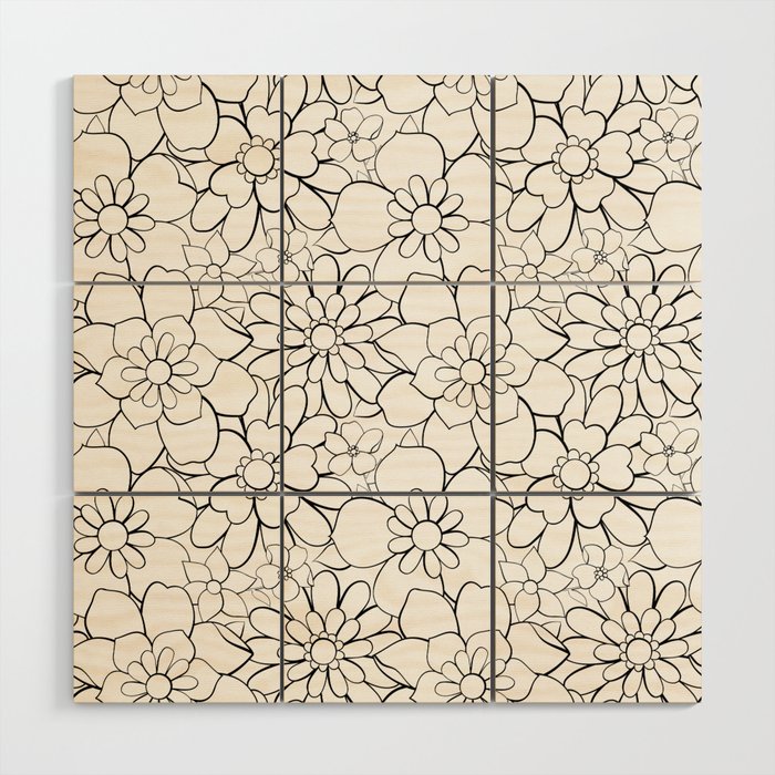 Black and white hand drawn flower art pattern Wood Wall Art Gallery Image 1