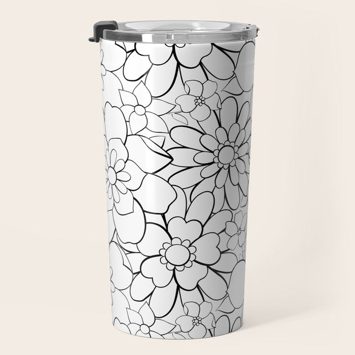 Black and white hand drawn flower art pattern Travel Mug Gallery Image 3
