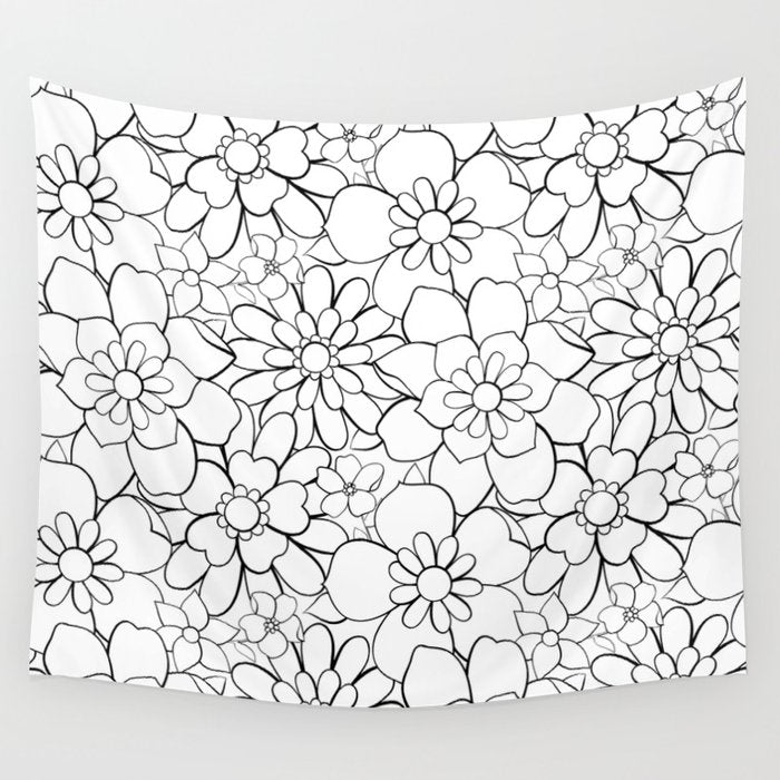 Black and white hand drawn flower art pattern Wall Tapestry Gallery Image 4