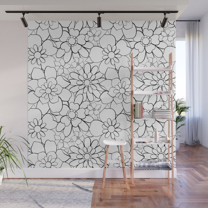 Black and white hand drawn flower art pattern Wall Mural Gallery Image 1