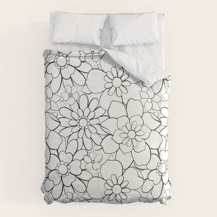 Black and white hand drawn flower art pattern Duvet Cover Gallery Image 1