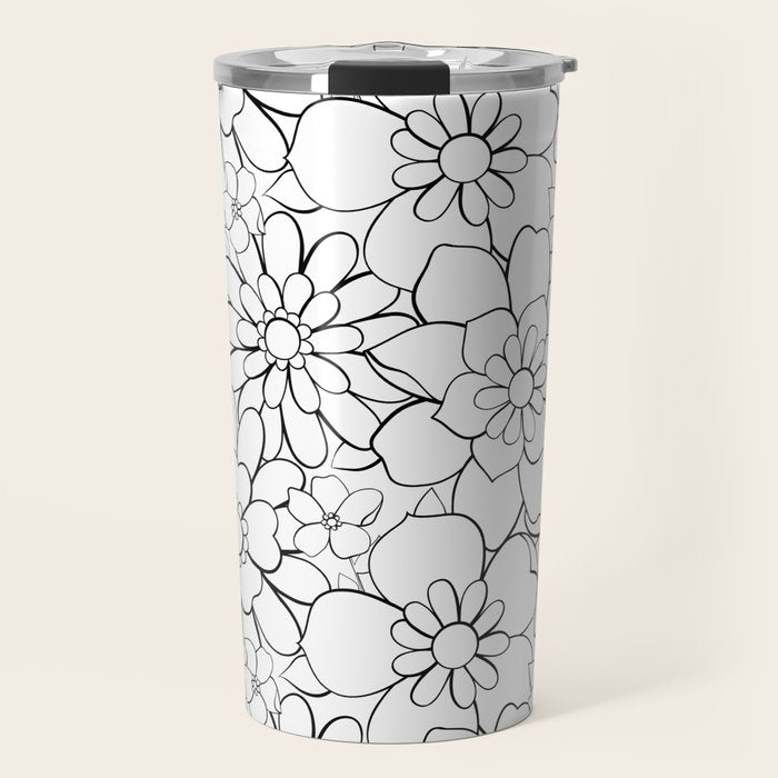 Black and white hand drawn flower art pattern Travel Mug Gallery Image 1