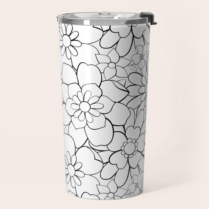 Black and white hand drawn flower art pattern Travel Mug Gallery Image 2
