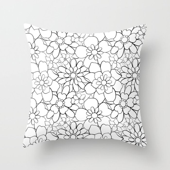 Black and white hand drawn flower art pattern Throw Pillow Gallery Image 6
