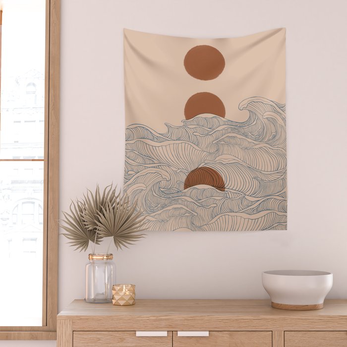 Vintage abstract landscape the great wave ocean sunset moon Wall Tapestry Gallery Image 2