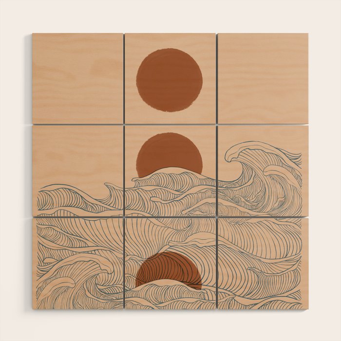 Vintage abstract landscape the great wave ocean sunset moon Wood Wall Art Gallery Image 1