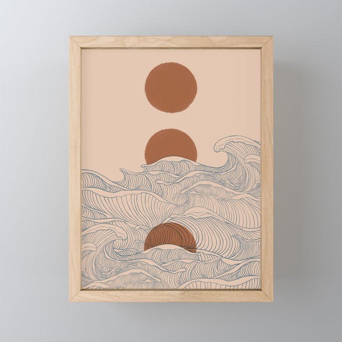 Vintage abstract landscape the great wave ocean sunset moon Mini Art Print Gallery Image 1