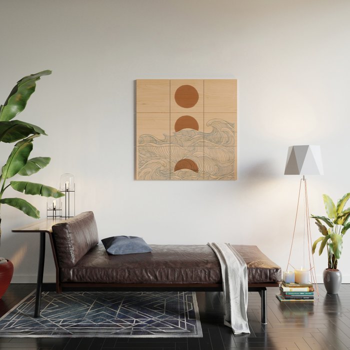 Vintage abstract landscape the great wave ocean sunset moon Wood Wall Art Gallery Image 2