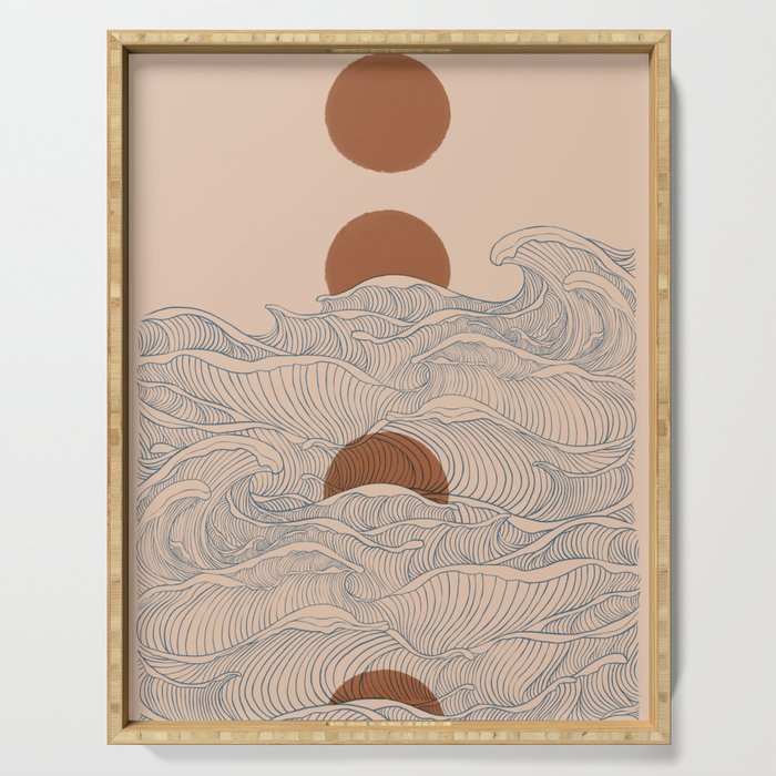 Vintage abstract landscape the great wave ocean sunset moon Serving Tray Gallery Image 1