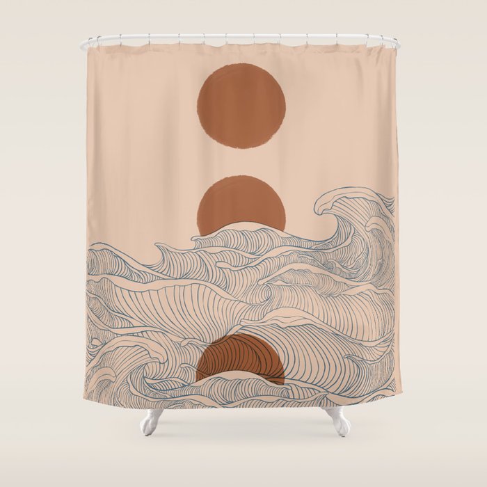 Vintage abstract landscape the great wave ocean sunset moon Shower Curtain Gallery Image 1