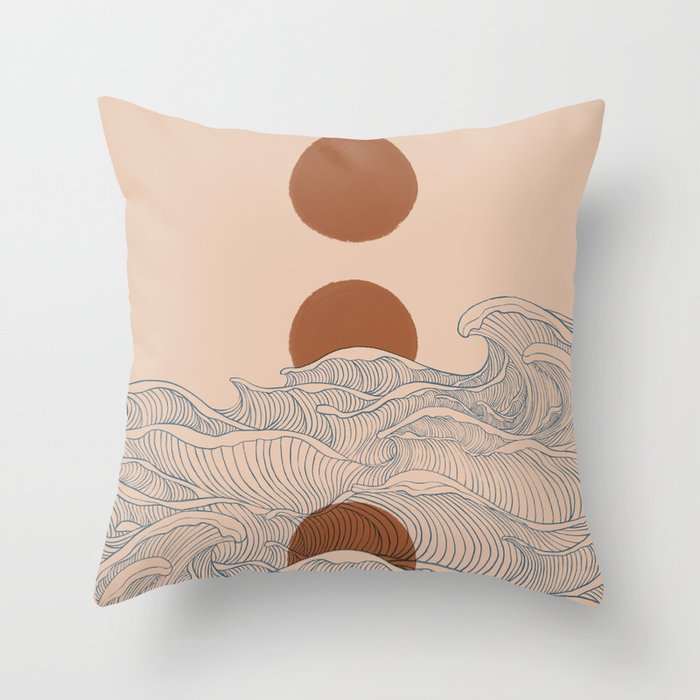 Vintage abstract landscape the great wave ocean sunset moon Throw Pillow Gallery Image 1