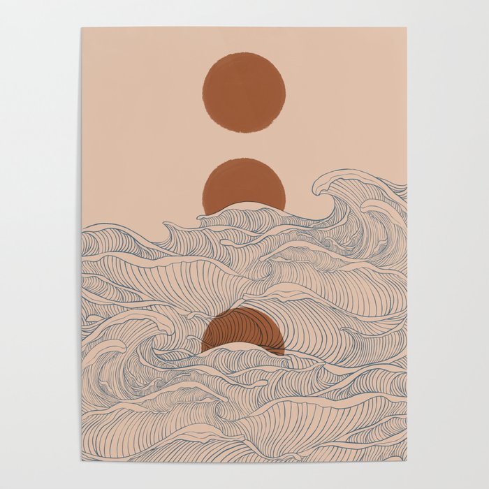 Vintage abstract landscape the great wave ocean sunset moon Poster Gallery Image 4