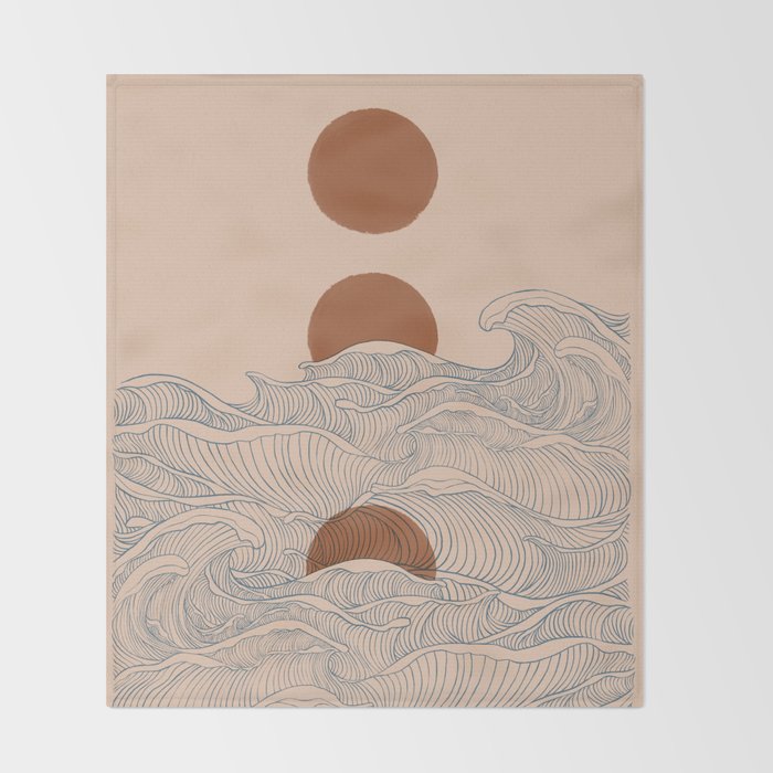 Vintage abstract landscape the great wave ocean sunset moon Throw Blanket Gallery Image 2