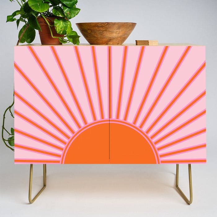 Sun Print Sunrise Sunshine Pastel Pink And Orange Retro Sun Wall Art Vintage Boho Modern Abstract Credenza Gallery Image 1