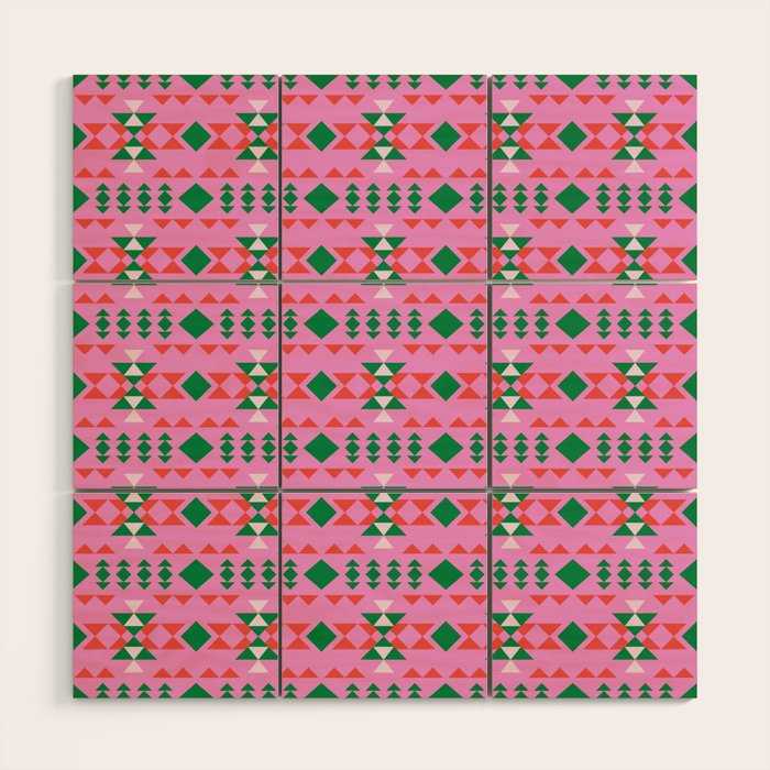Merry Mod Geometric Pattern in Pink and Green Wood Wall Art Gallery Image 1