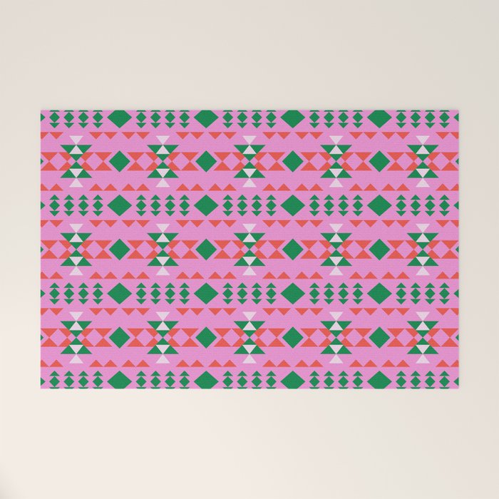 Merry Mod Geometric Pattern in Pink and Green Welcome Mat Gallery Image 1