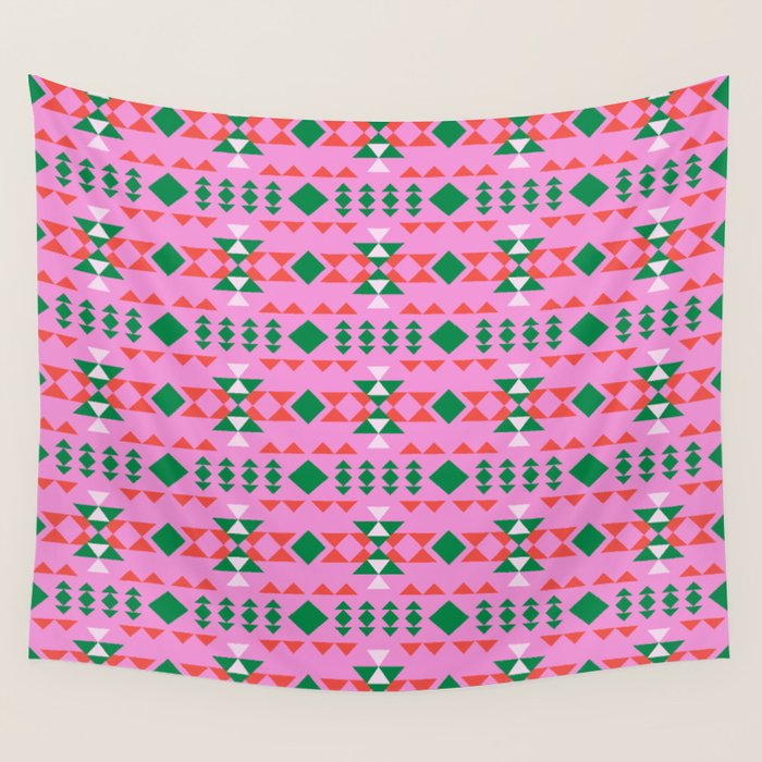 Merry Mod Geometric Pattern in Pink and Green Wall Tapestry Gallery Image 1