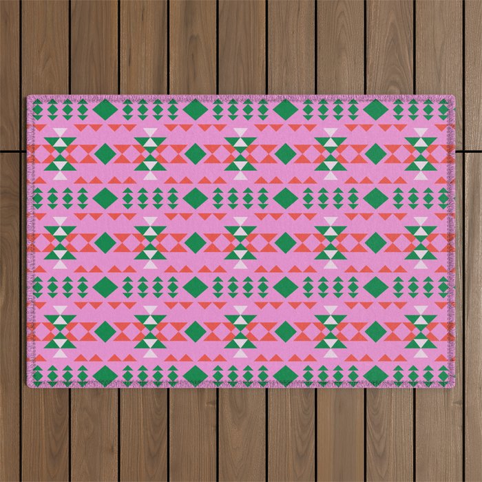 Merry Mod Geometric Pattern in Pink and Green Outdoor Rug Gallery Image 1