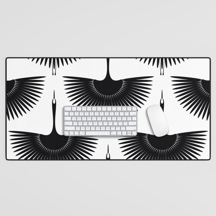 Japanese Crane Ornate Art Deco Monochrome Pattern II Desk Mat Gallery Image 1